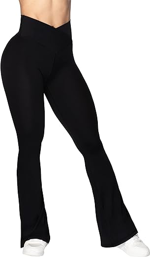 Women's Flare Yoga Pants -V Crossover High-Waisted and Wide Leg Workout Gym  Leggings Petite/Regular
