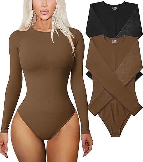 TOB Women's 2 Piece Bodysuits Sexy Ribbed One Piece Long Sleeve Round Neck  Tops Bodysuits 