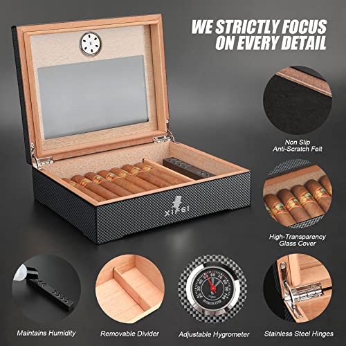 XIFEI Cigar Humidor, Glass Top Carbon Fiber Texture top Inlay  Hygrometer,Including Cigar humidifier, Acrylic Cigar Stand,Cigar Ashtray  and Humidor Solution, Holds 25-60 Cigars 