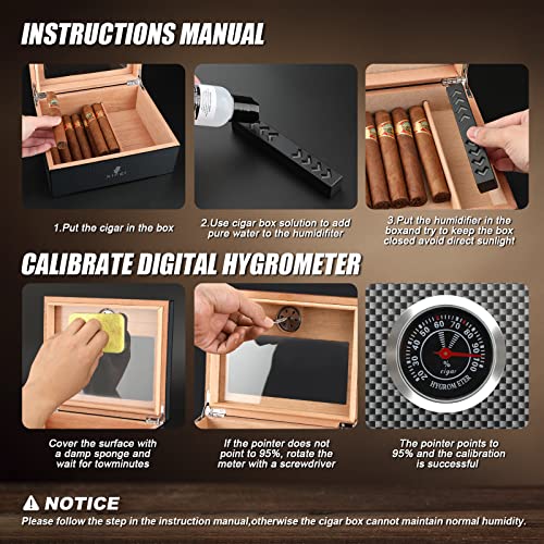 XIFEI Cigar Humidor, Glass Top Carbon Fiber Texture top Inlay Hygrometer,Including  Cigar humidifier, Acrylic Cigar Stand,Cigar Ashtray and Humidor Solution,  Holds 25-60 Cigars 
